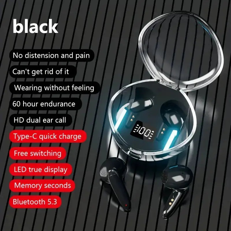 Black wireless earbuds with charging case on a black background, featuring text highlights.