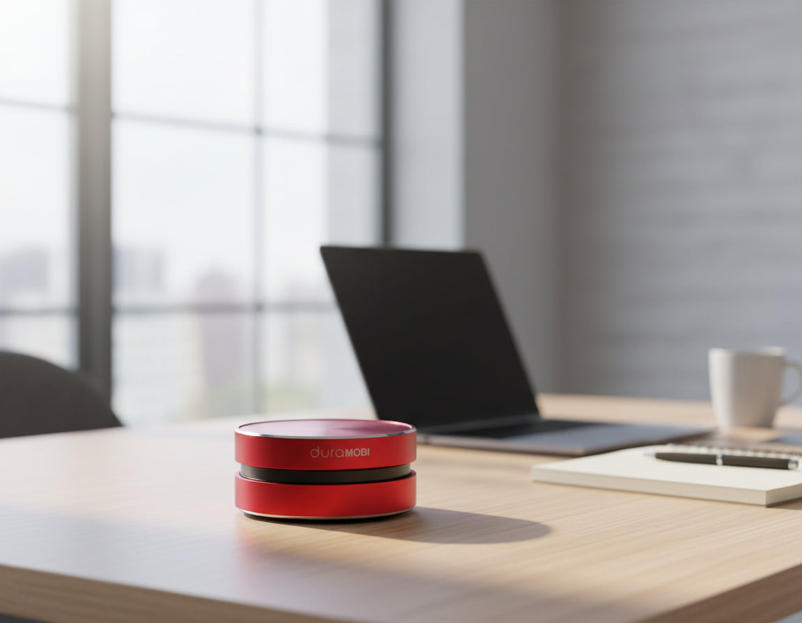 Red cylindrical device with 'duraMOBI' branding on a white background
