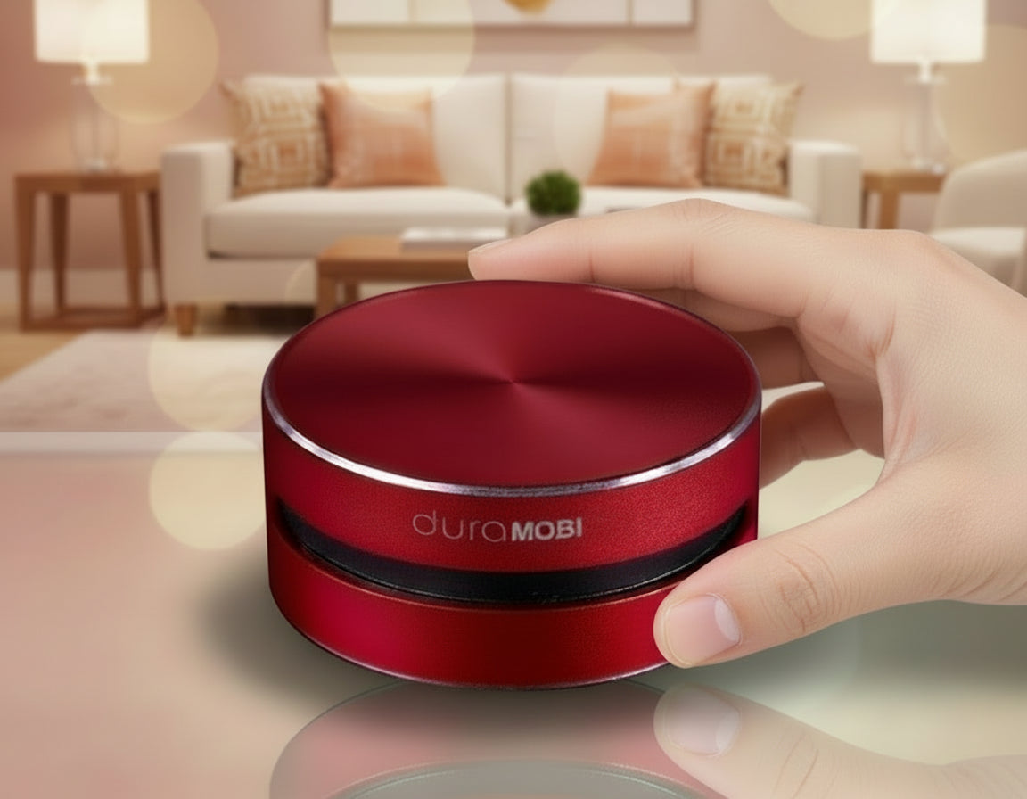 Red cylindrical device with 'duraMOBI' branding on a white background